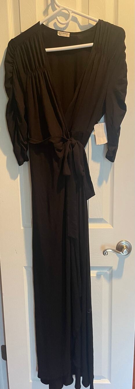 Kiyonna Meadow Dream Maxi in Black, wrap dress with tie. A47